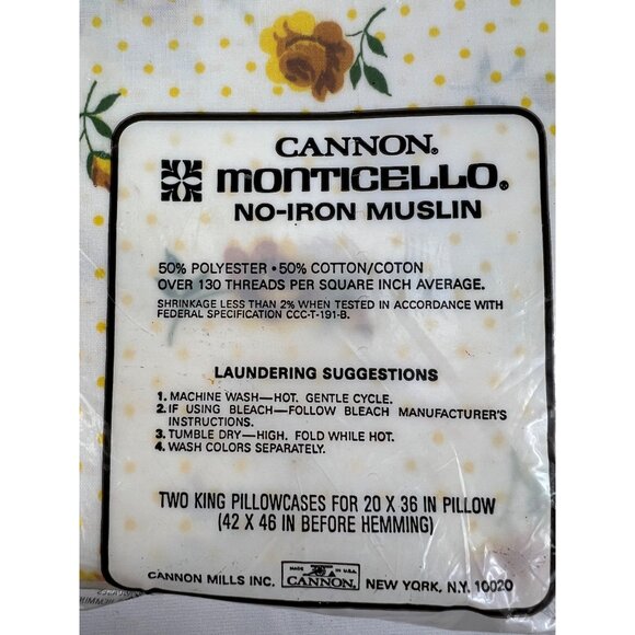 VTG Cannon Monticello Yellow Rose No-Iron Muslin King Size Floral Pillowcases - Picture 3 of 3